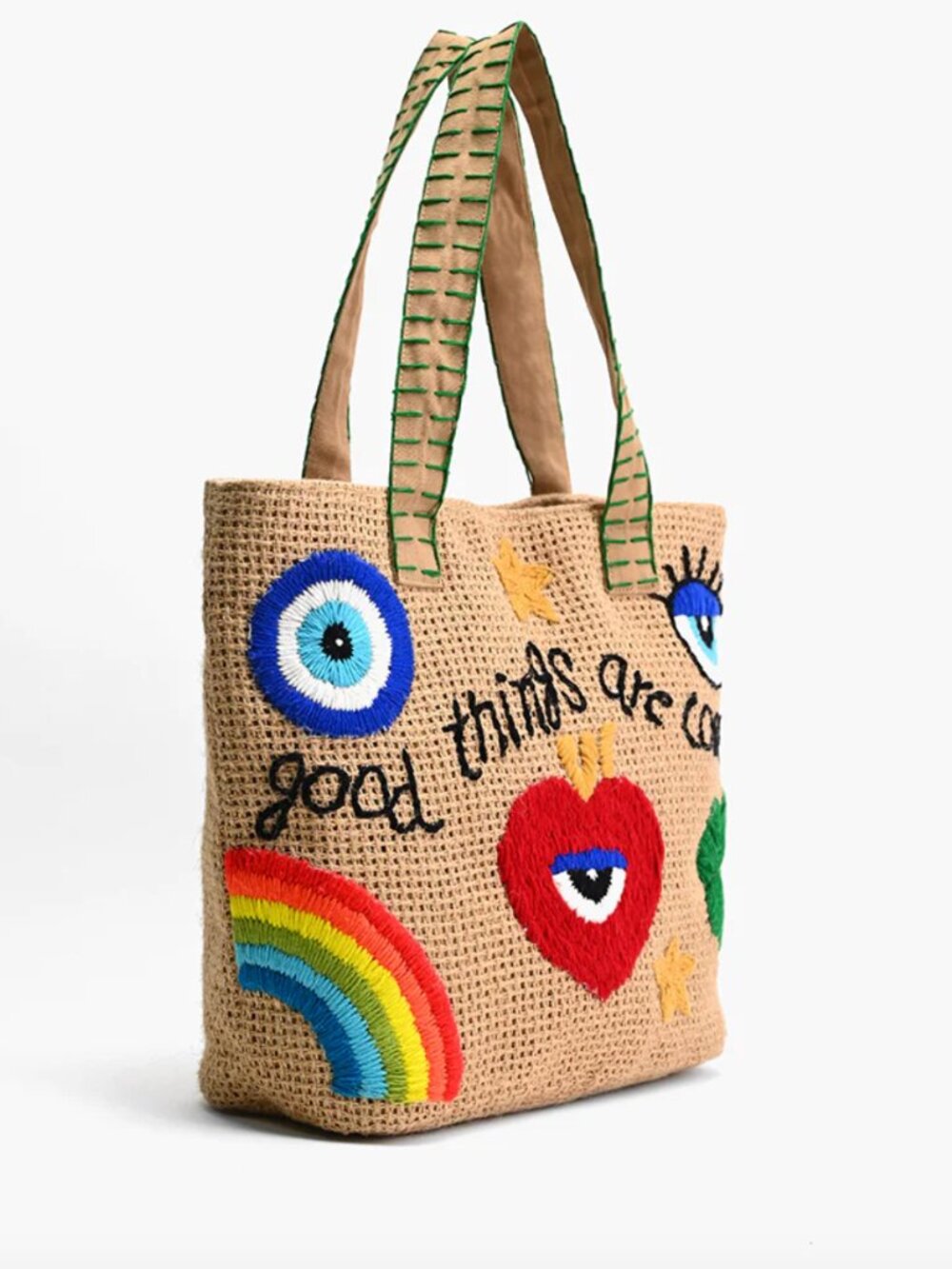 America & Beyond Good Things Are Coming Embroidered Jute Tote Handbag NWT - Picture 3 of 6